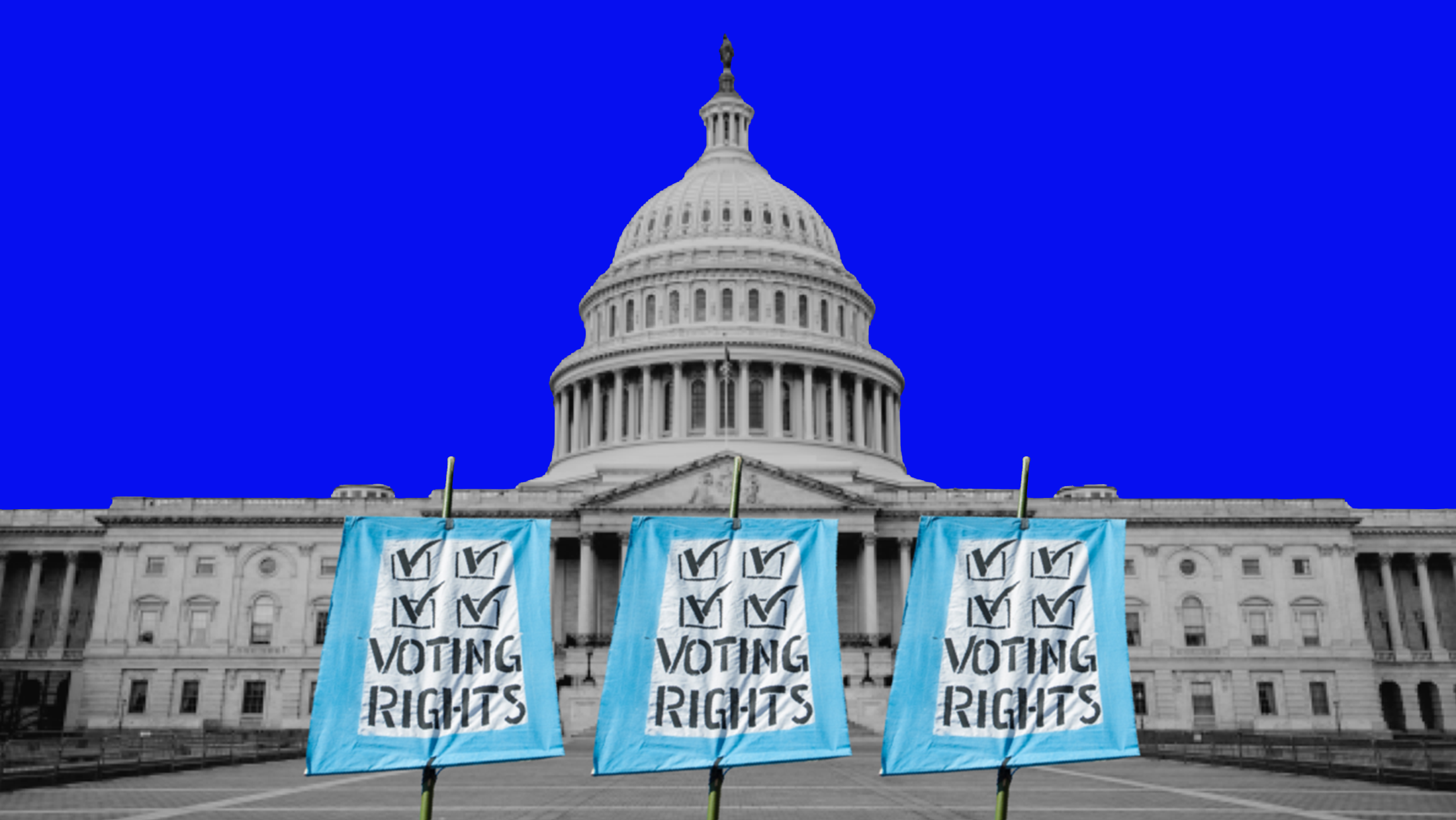 Thee signs that say "Voting Rights" in front of the U.S. Capitol