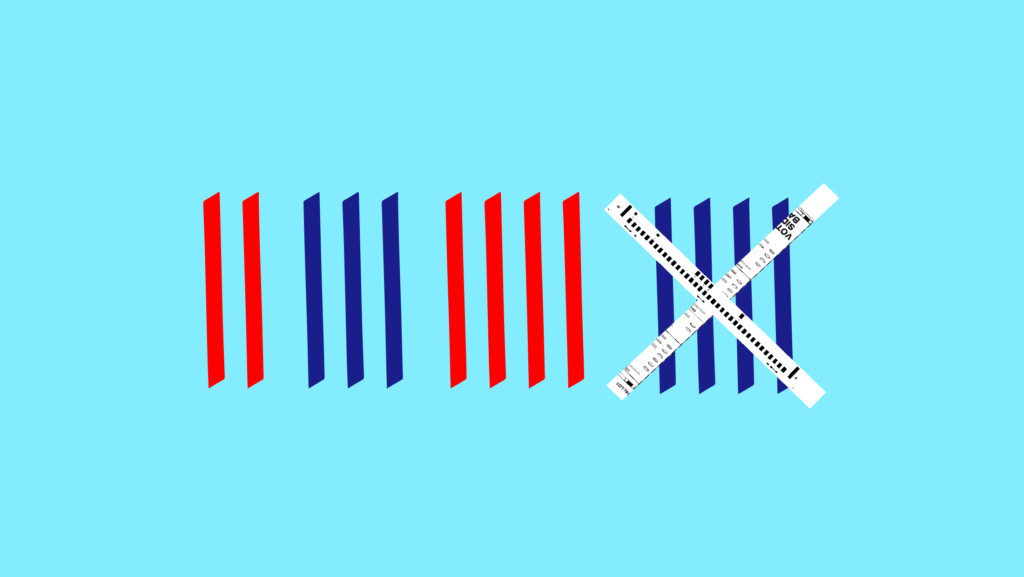 Four sets of alternating red-and-blue tally marks, with two ballots forming an "X" through the last set of tallies