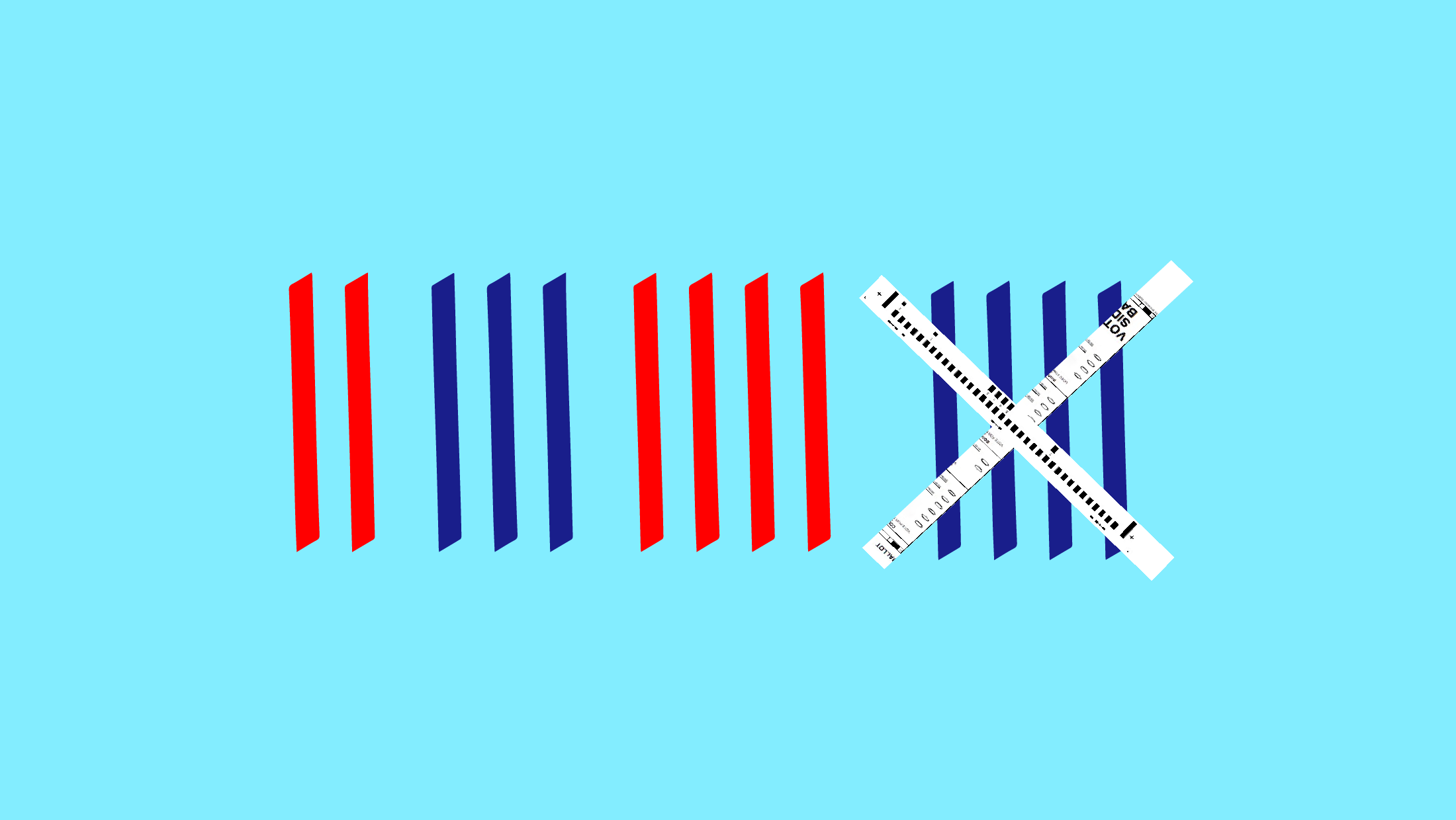 Four sets of alternating red-and-blue tally marks, with two ballots forming an "X" through the last set of tallies