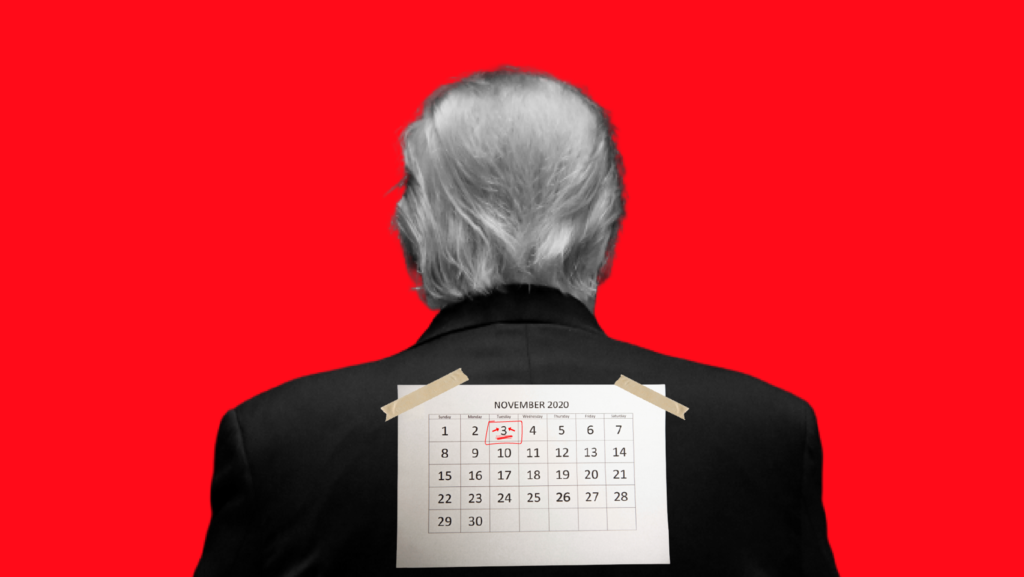 A November 2020 calendar with Tuesday, November 3 circled in red, taped to the back of President Donald Trump