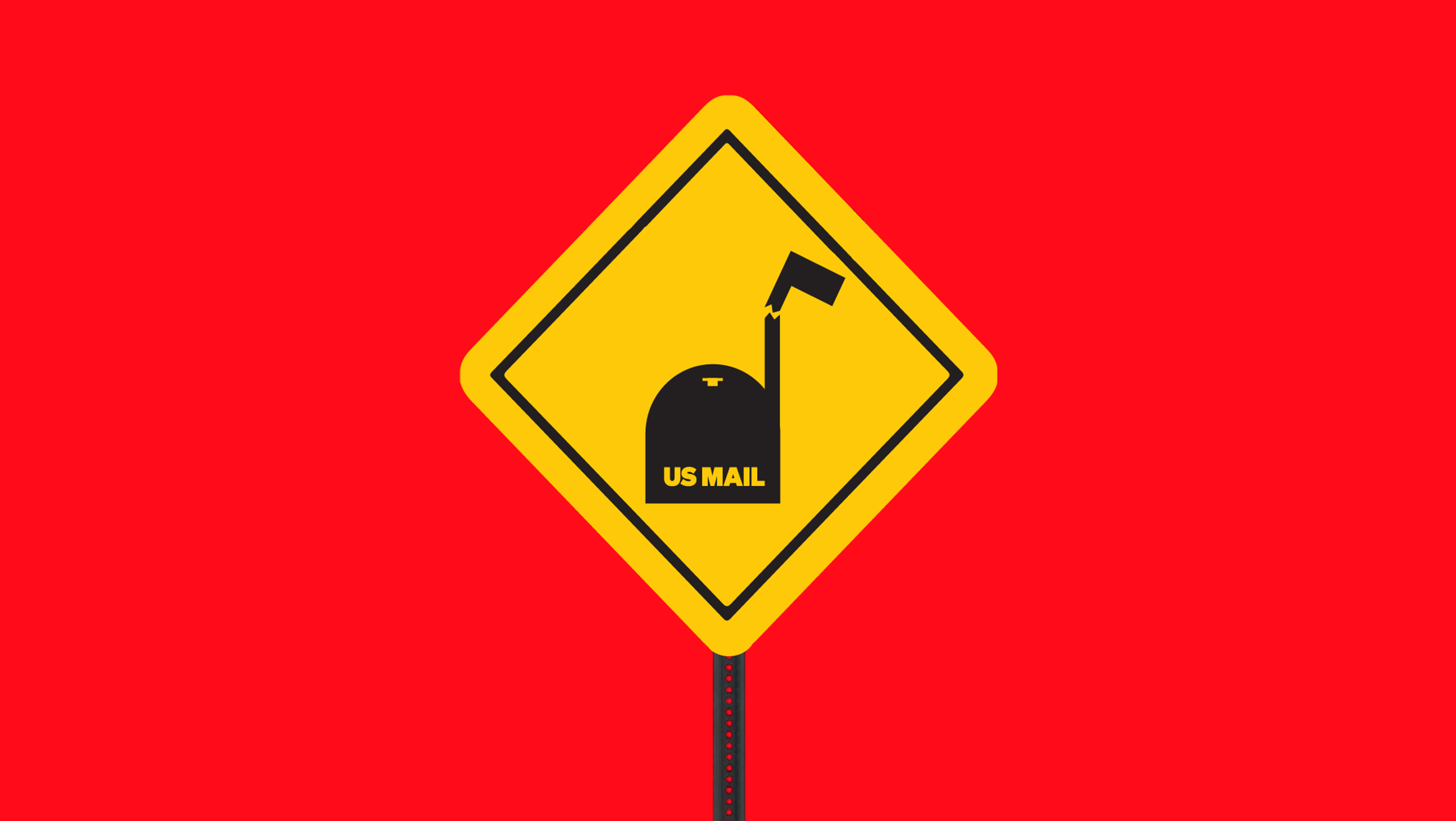 A diamond-shaped yellow construction sign that features a cracked U.S. mail box as a warning