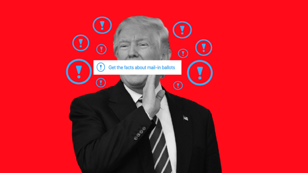 President Donald Trump with a Twitter warning label over his mouth that says "Get the facts about mail-in ballots" with vaious Twitter warning explanation points circling his head