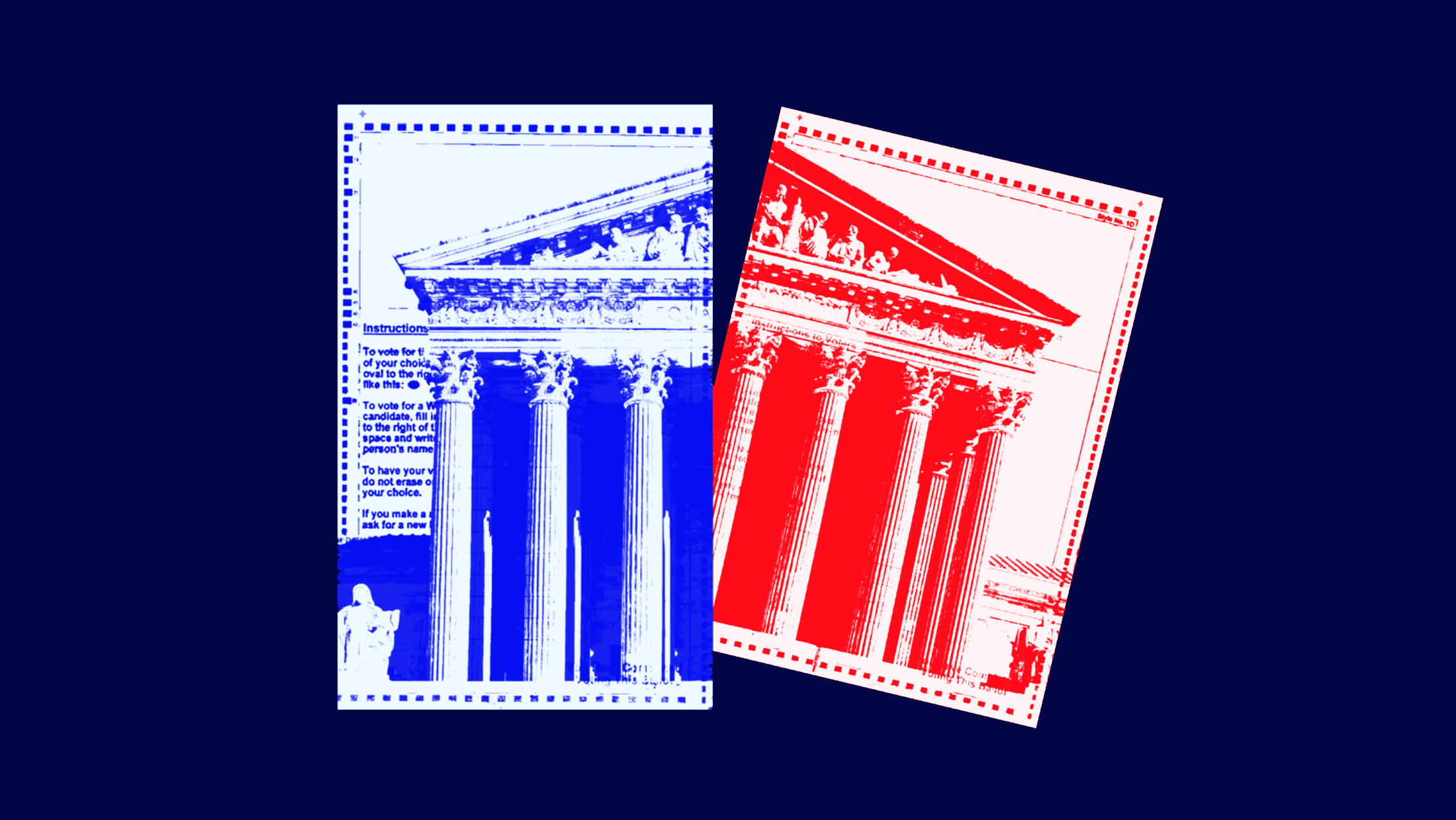 A divided U.S. Supreme Court stretched across two ballots, one ballot is tinted red and the other is tinted blue