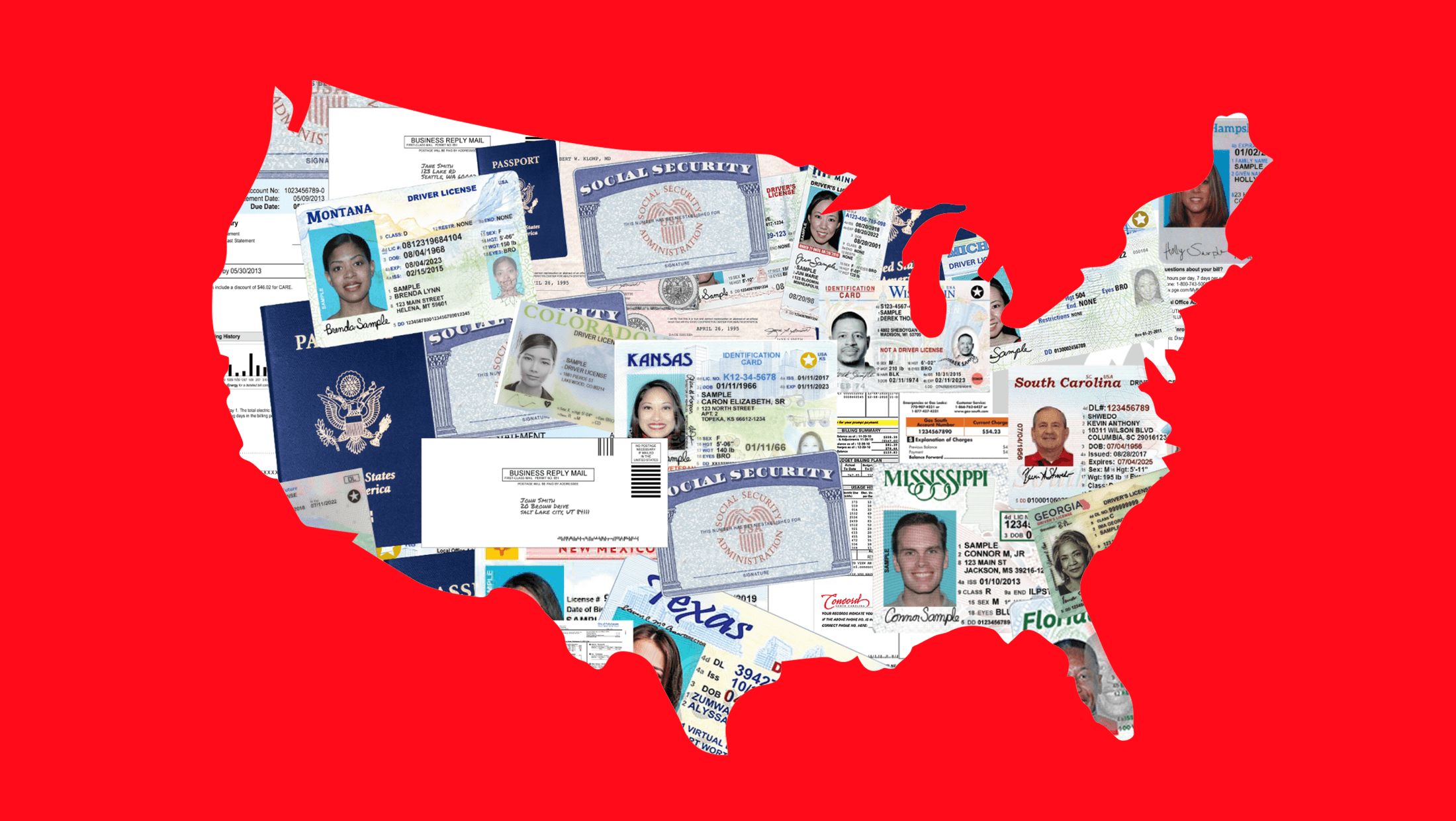 The map of the United States filled in with mail ballots and different forms of ID used to vote including driver's licenses, Social Security cards and U.S. passports