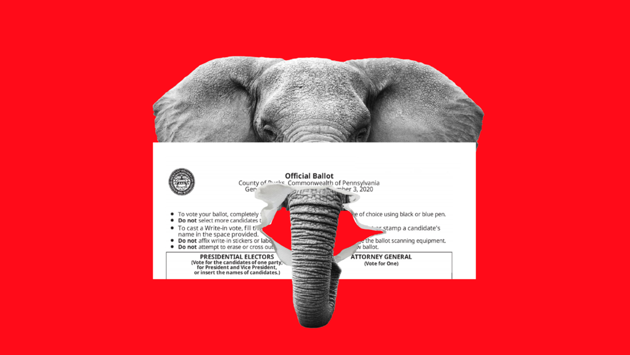 The face of an elephant with his trunk ripping through a Pennsylvania general election ballot, leaving a gaping hole in the ballot