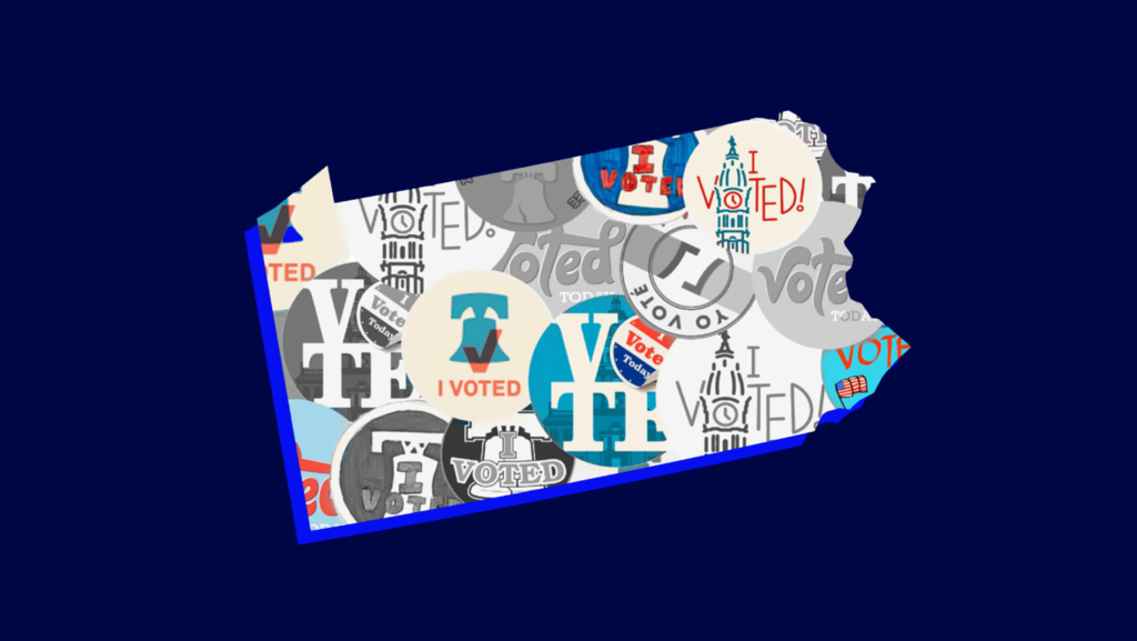 Different vote stickers from the 2020 election shaped into the state of Pennsylvania