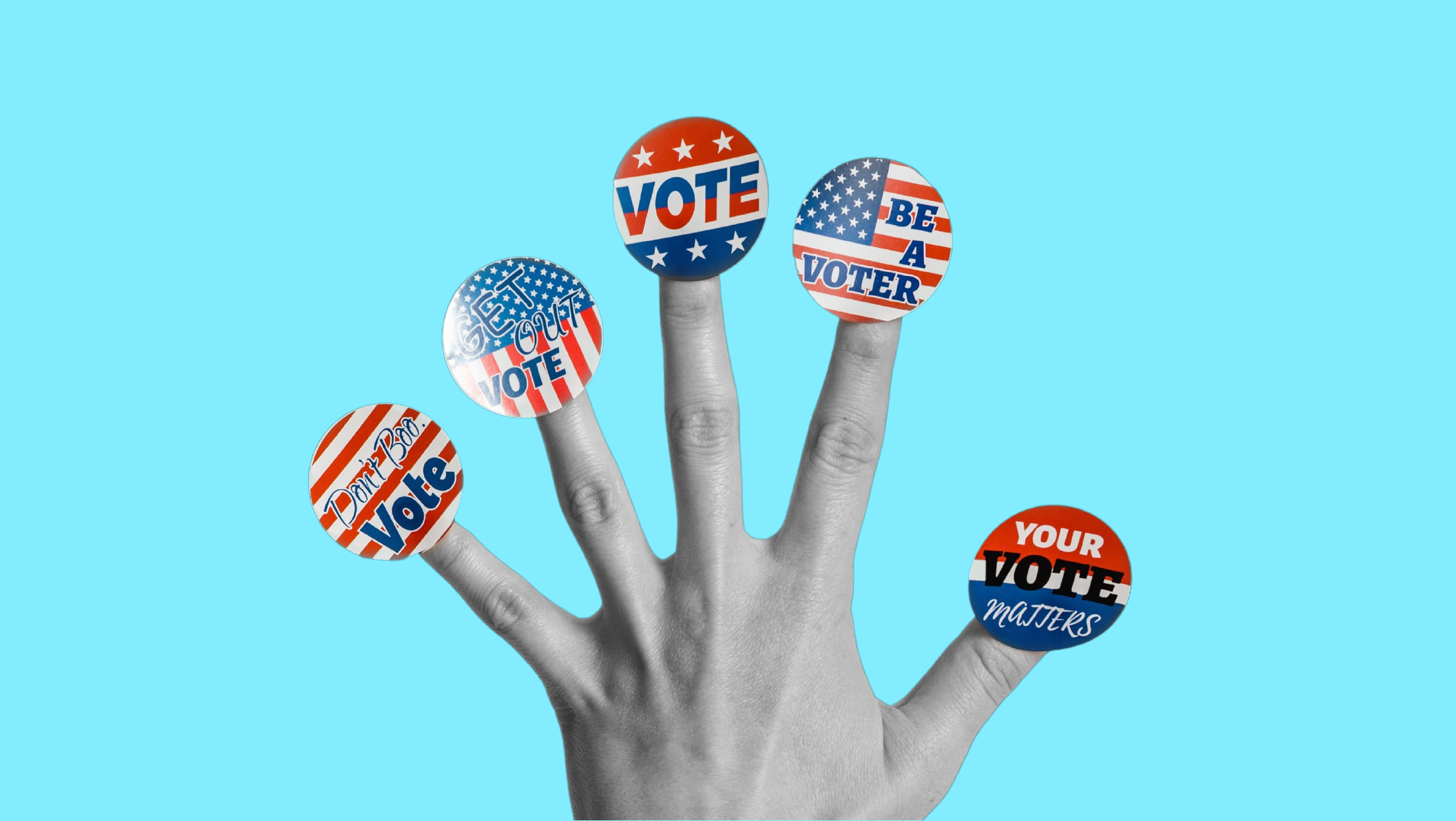 A hand with five different voting stickers stuck to its finger tips with sayings like "Don't Boo, Vote", "Get Out, Vote", "Vote", "Be A Voter", and "Your Vote Matters"