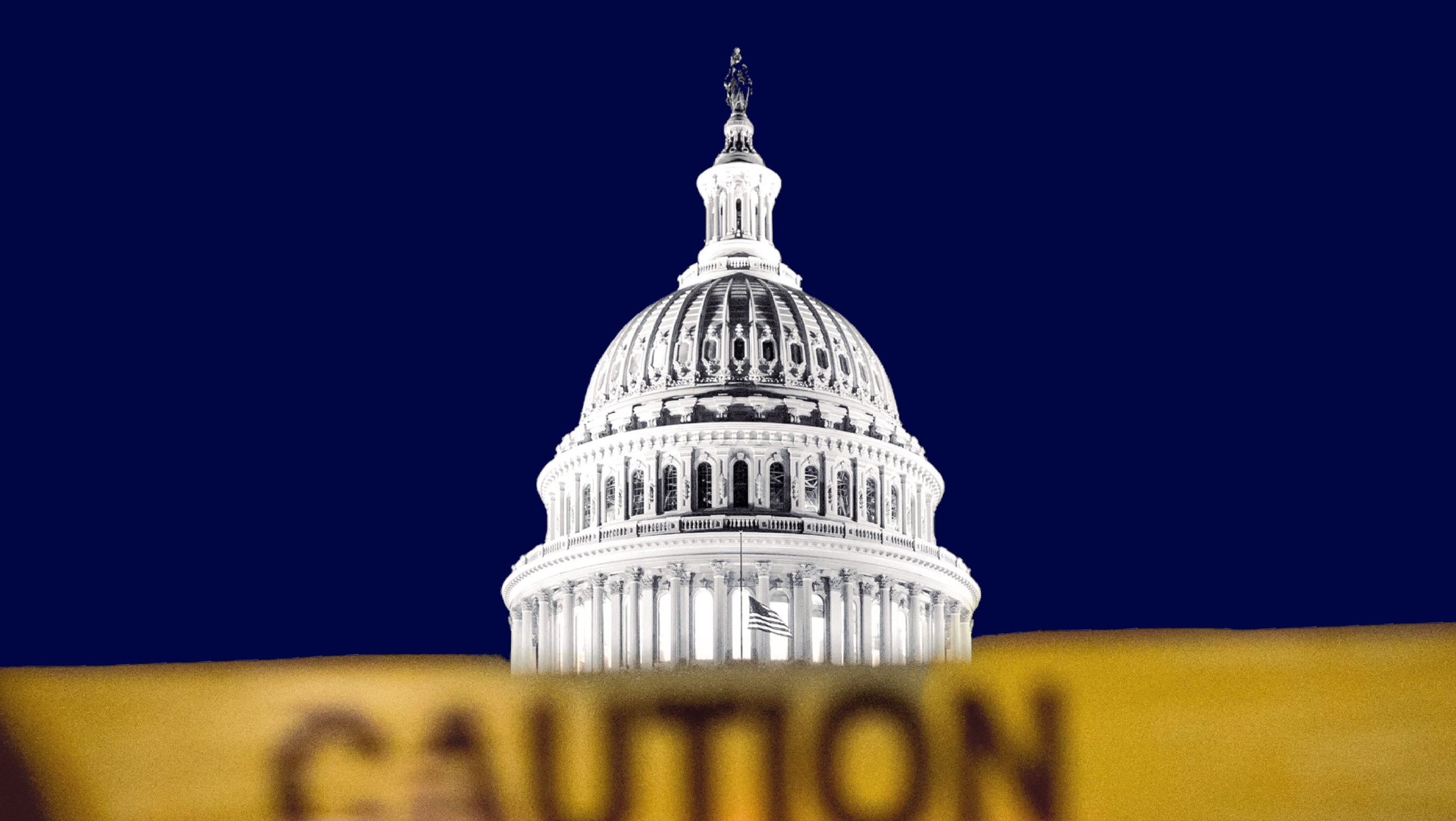 The U.S. Capitol obstructed by blurred yellow caution tape