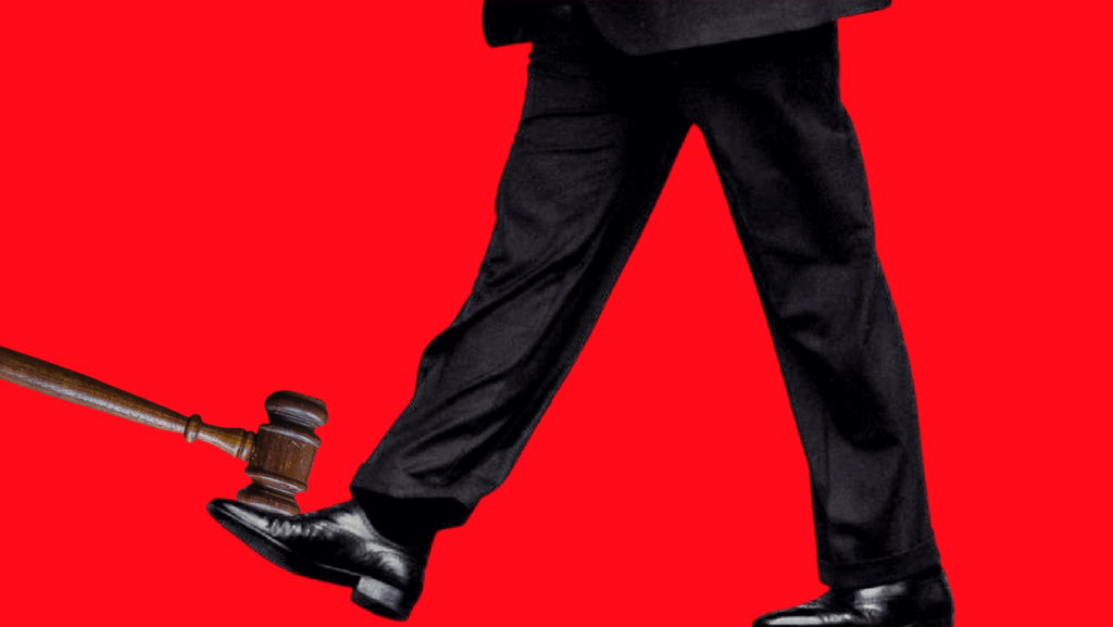 A gavel striking one of Donald Trump's black shoes as he is walking