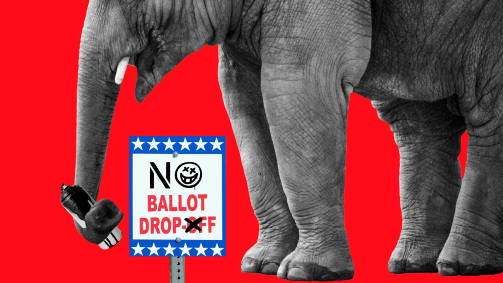 A large elephant with a spray paint can in its trunk that had graffitied a ballot drop-off sign to say "No Ballot Drop-Off"