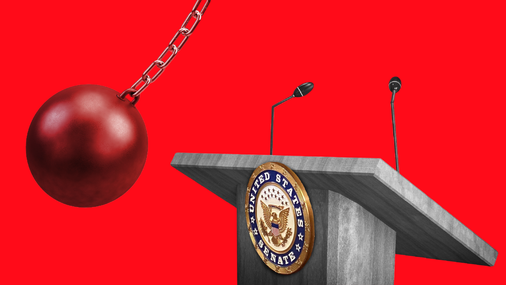 A wrecking ball swinging into a U.S. Senate podium