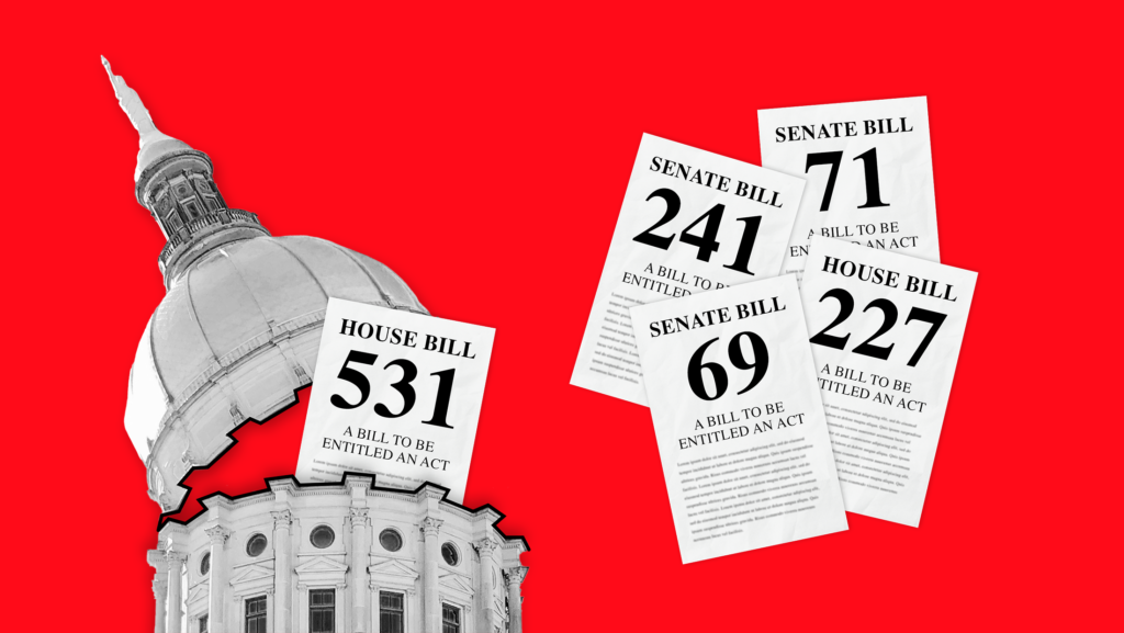 A cracked Georgia State Capitol leaking pages from Georgia's House and Senate voter suppression legislation, including Senate Bill 241, Senate Bill 69, Senate Bill 71, and House Bill 227