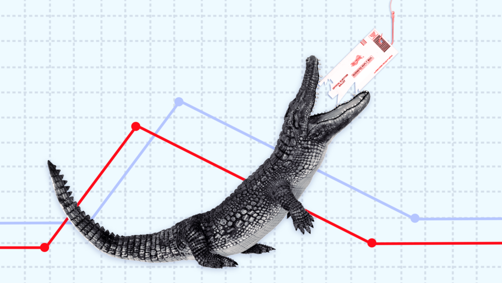 An aligator chomping at a mail ballot that is dangling on a hook, mounted on a piece of graph paper with various data points