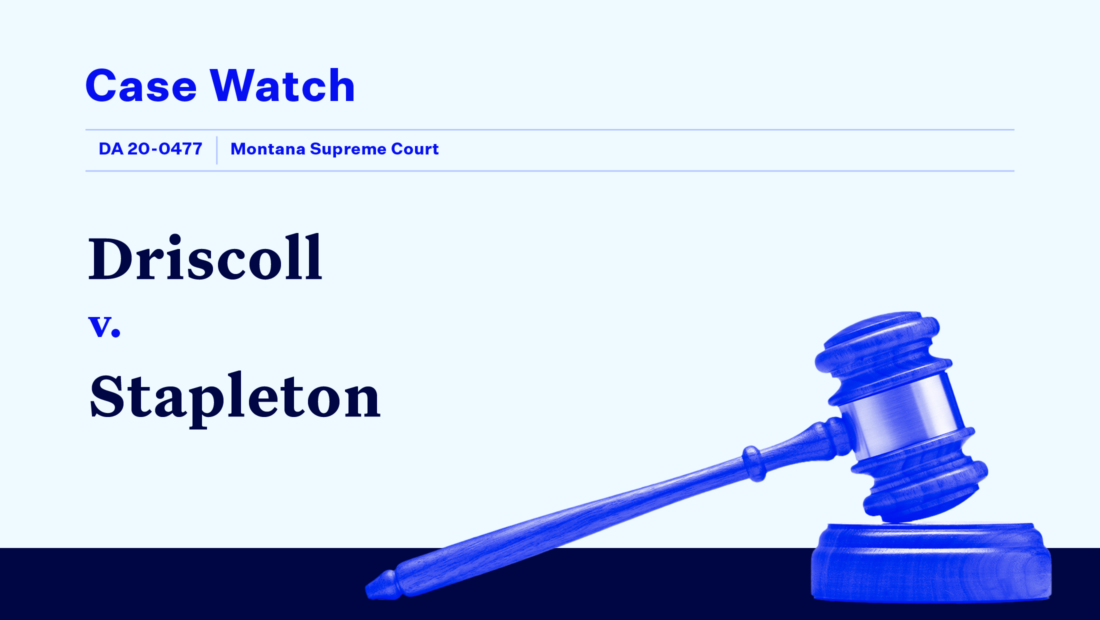 "CASE WATCH Driscoll v. Stapleton" and other case-specific text, including the file number and court name, with a blue-tinted gavel