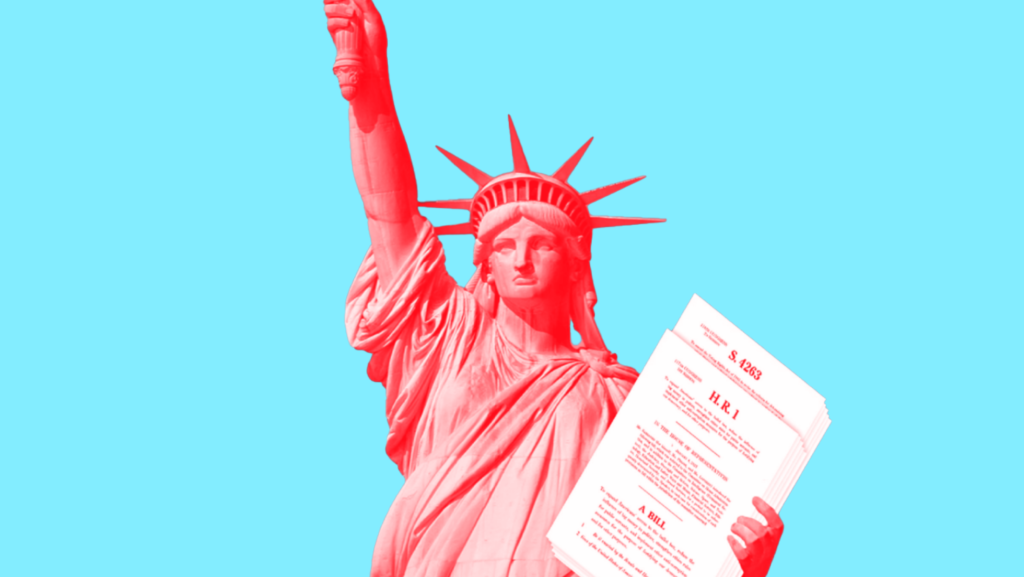 Statue of Liberty holding the House and Senate versions of the For the People Act in her hand