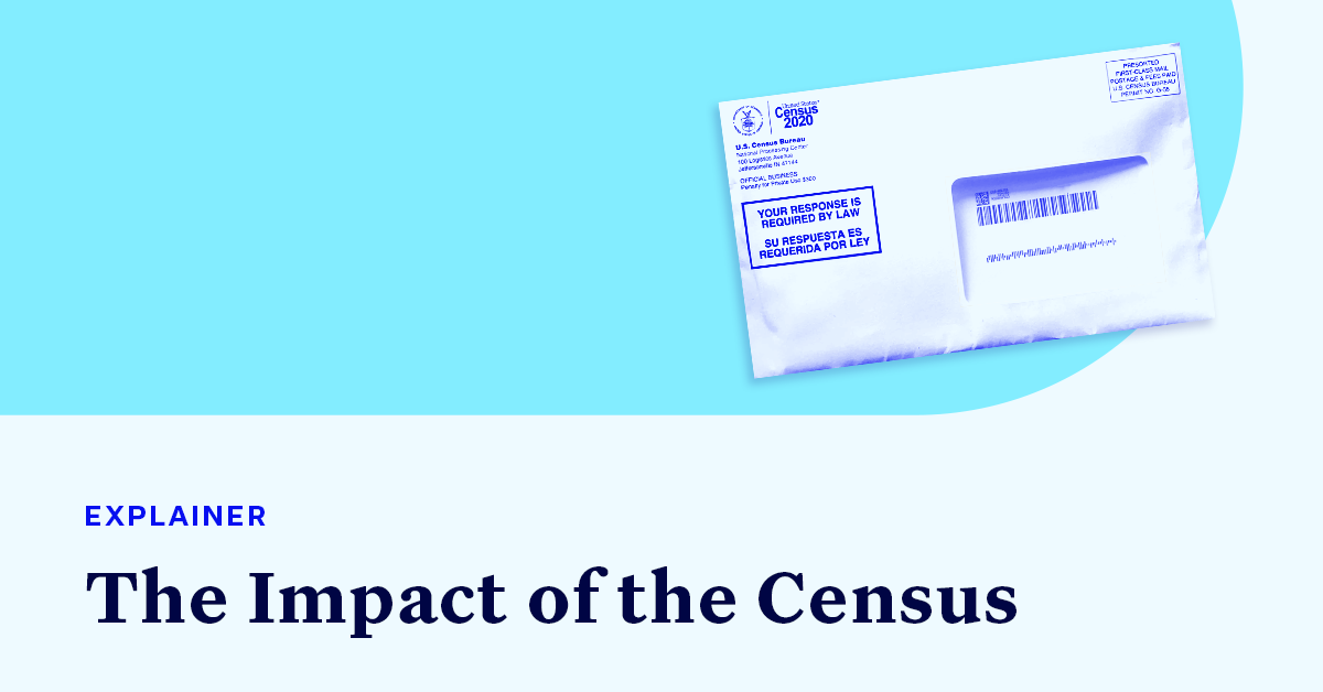 Envelope from the U.S. Census Bureau accompanied by small text that says "EXPLAINER" and large text that says “The Impact of the Census"