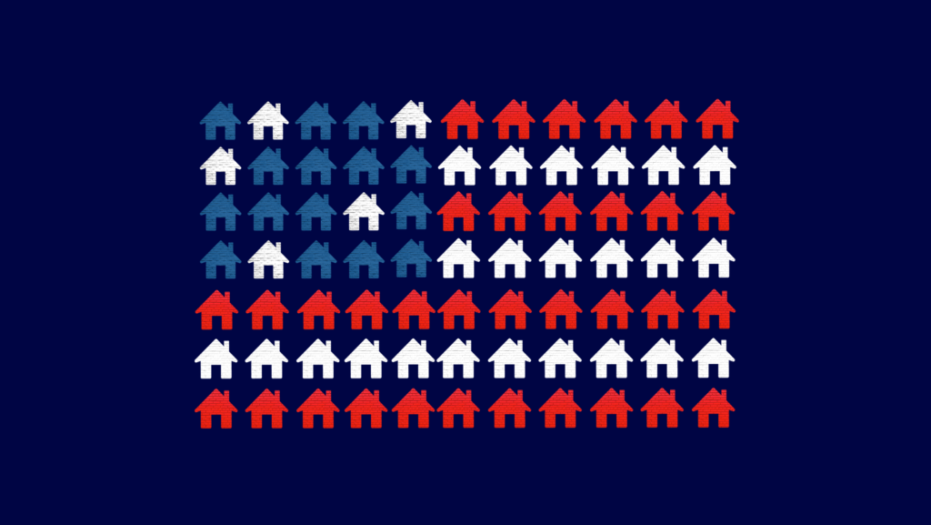 An American flag made out of individual red, white and blue houses