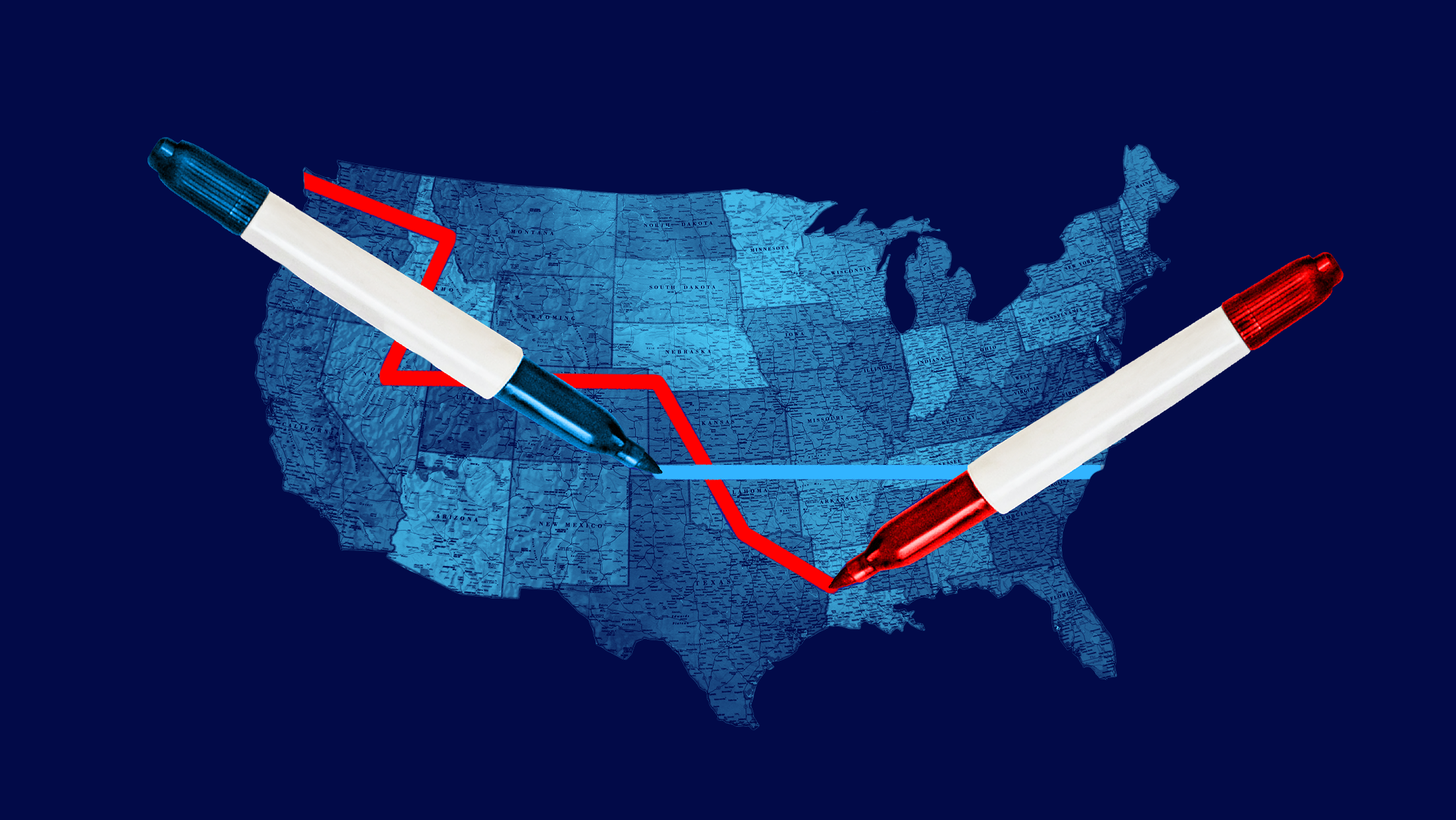 A map of the United States with a blue and red Sharpie marker running through it