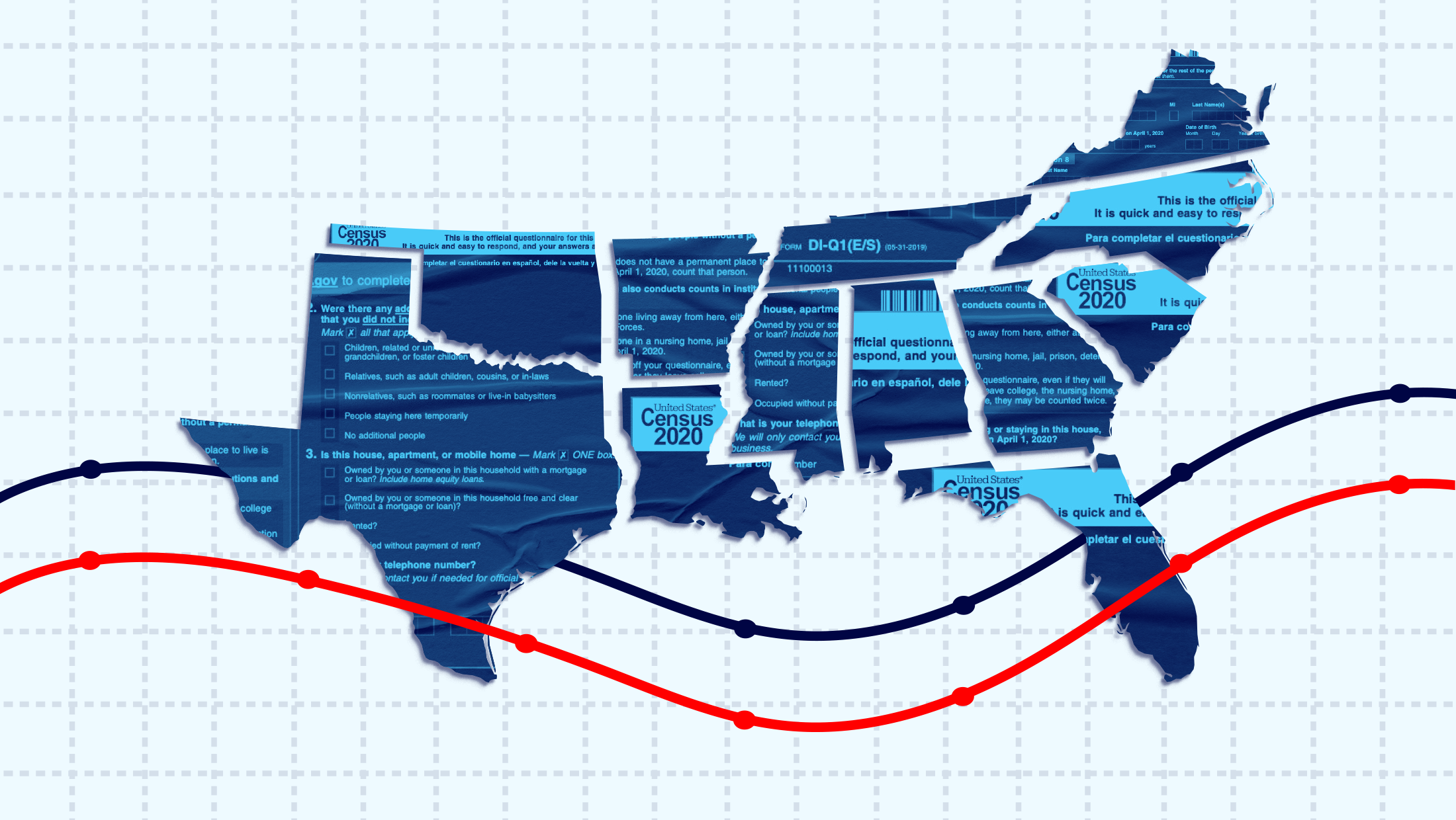 Various southern states including Texas, Oklahoma, Lousiana, Arkansas, Tennessee, Mississippi, Alabama, Georgia, Florida, South Carolina, North Carolina, and Virginia filled in with the 2020 U.S. Census questionnaire, mounted on a piece of graph paper with various data points