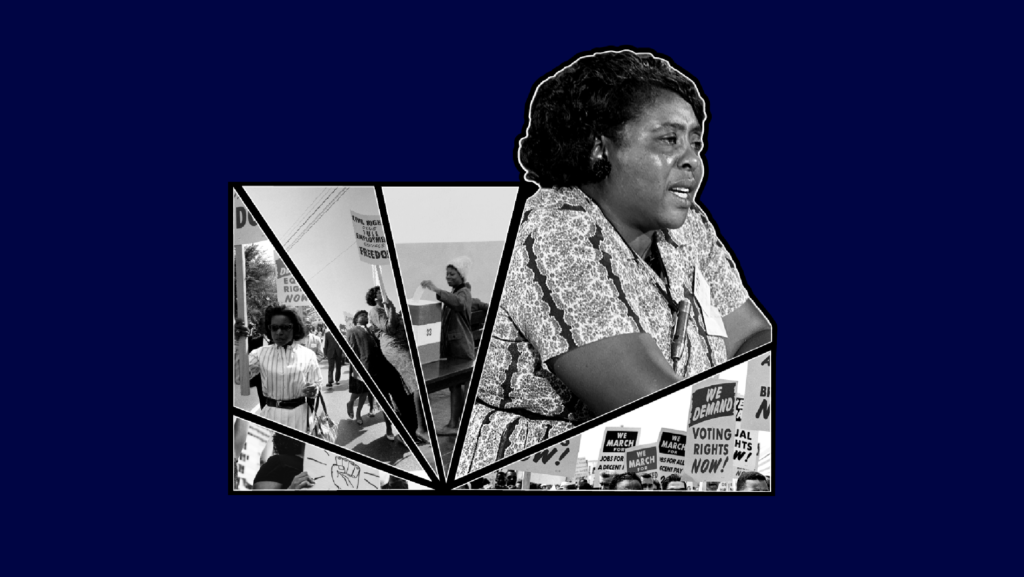 A geometric black-and-white collage featuring Fannie Lou Hammer and various scenes from civil rights protests