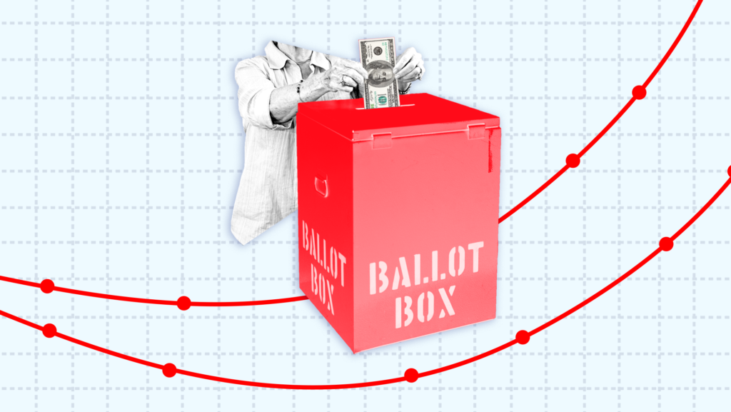 Someone placing a $100 bill into a ballot box, mounted on a piece of graph paper with various data points