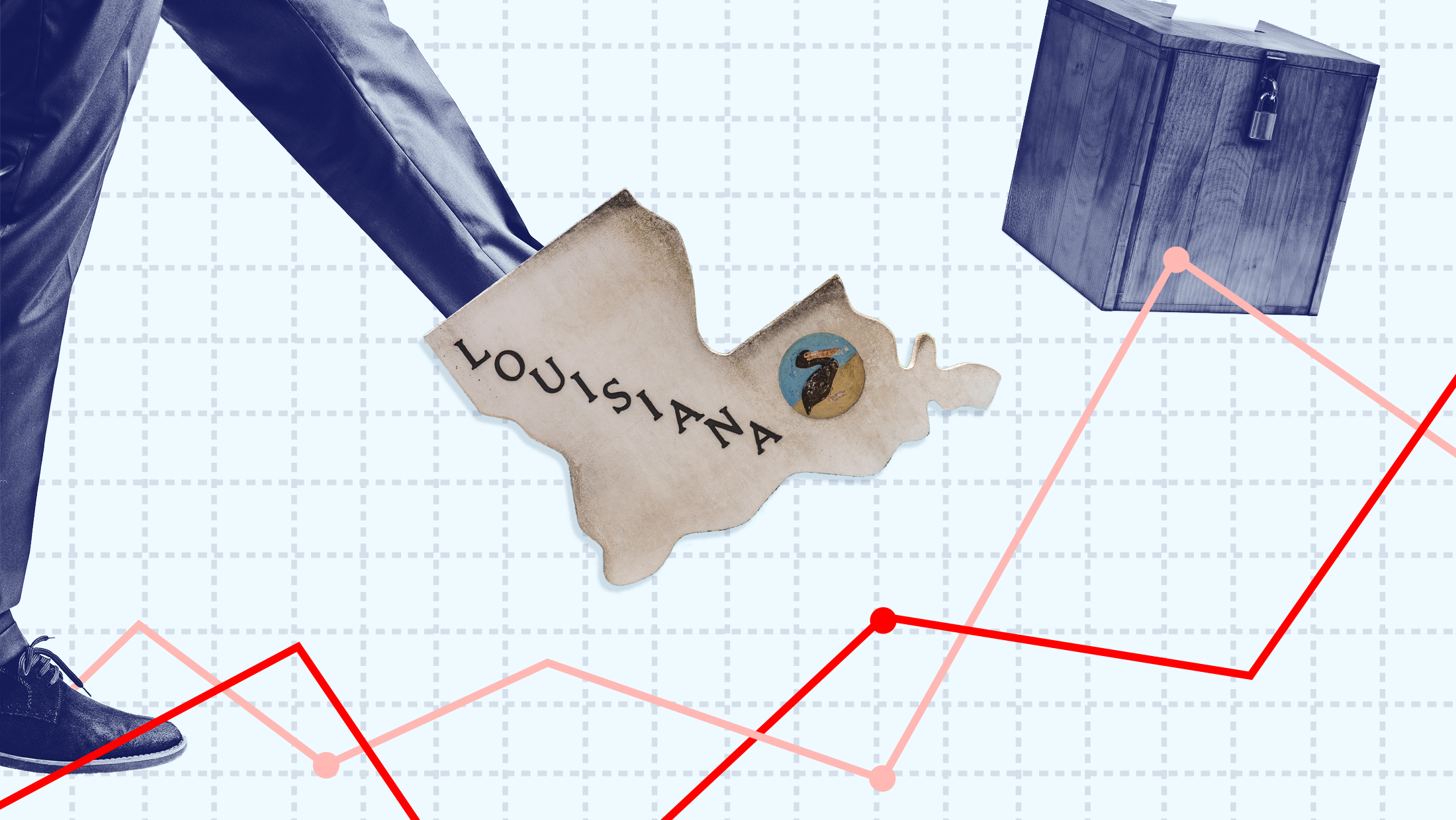 A male wearing a Lousiana-shaped boot that is kicking a ballot box, mounted on a piece of graph paper with various data points