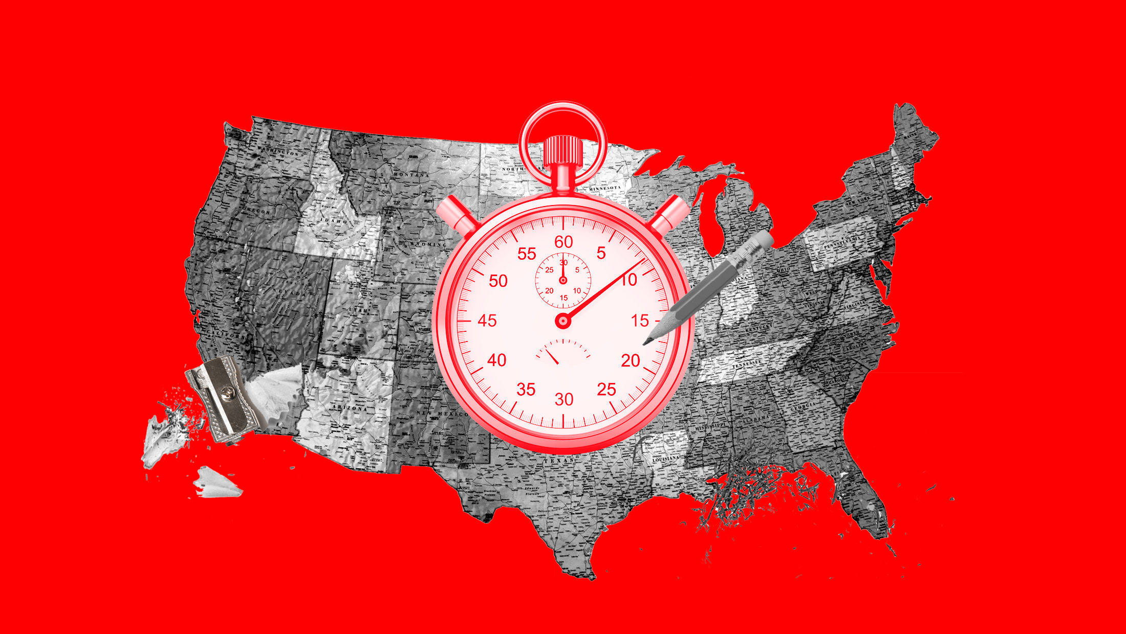 A map of the Unitef States with a stop watch, pencil and pencil etchings