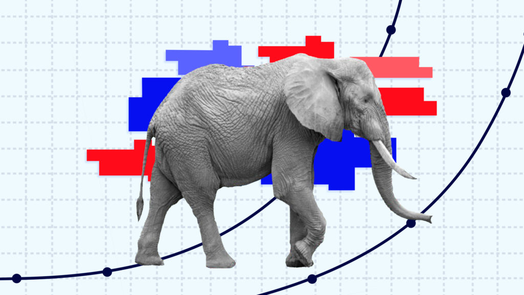 An elephant walking in front various red and blue gerrymandered congressional districts, mounted on a piece of graph paper with various data points