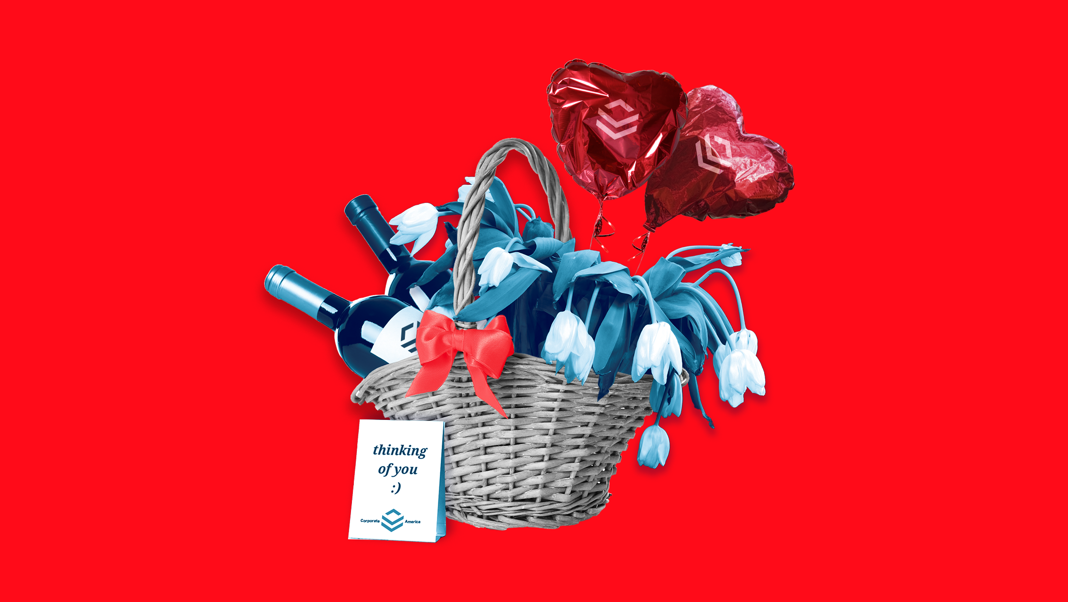 A wicker gift basket filled with wilted white tulips, two deflated red heart balloons, two bottles of wine and a card signed by "CORPORATE AMERICA" that says "THINKING OF YOU"