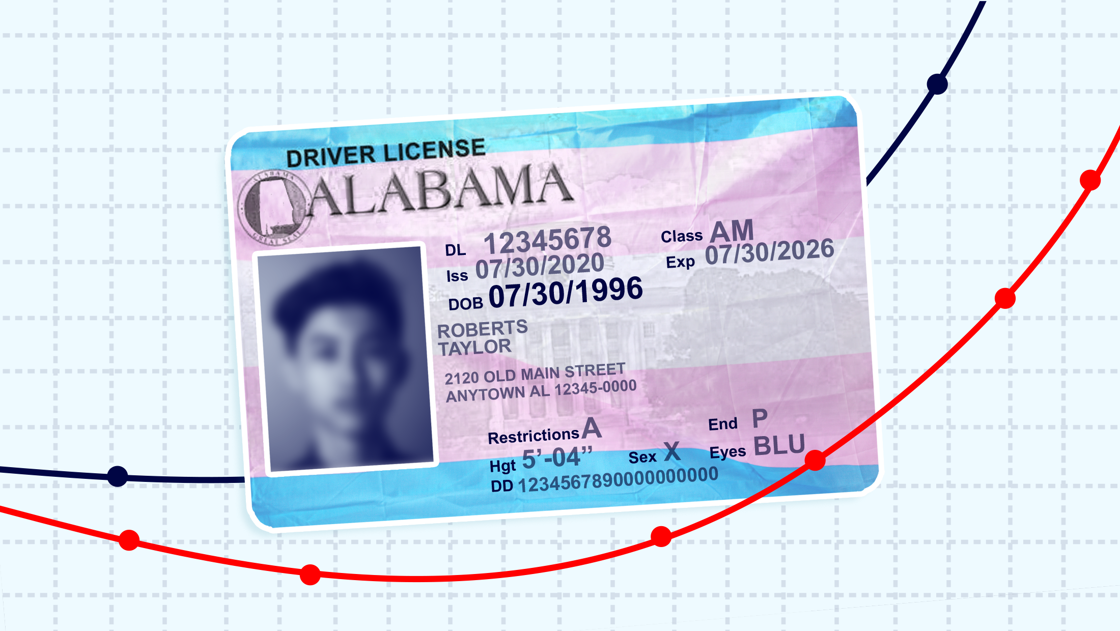 An Alabama driver's license tinted in the transgender flag colors, mounted on a piece of graph paper with various data points
