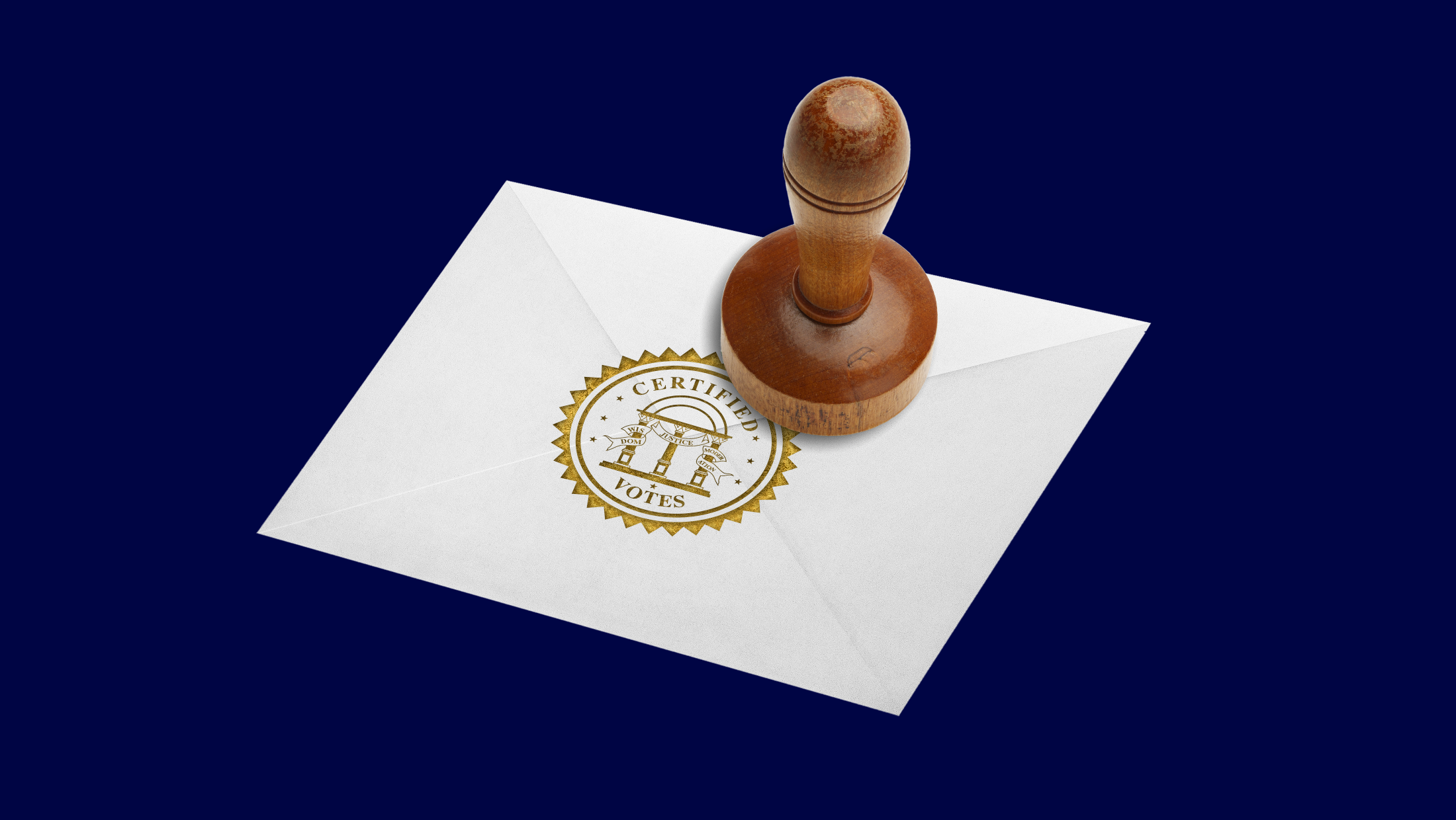 A wooden stamper embossing a white envelope with a gold seal that says "CERTIFIED VOTES"