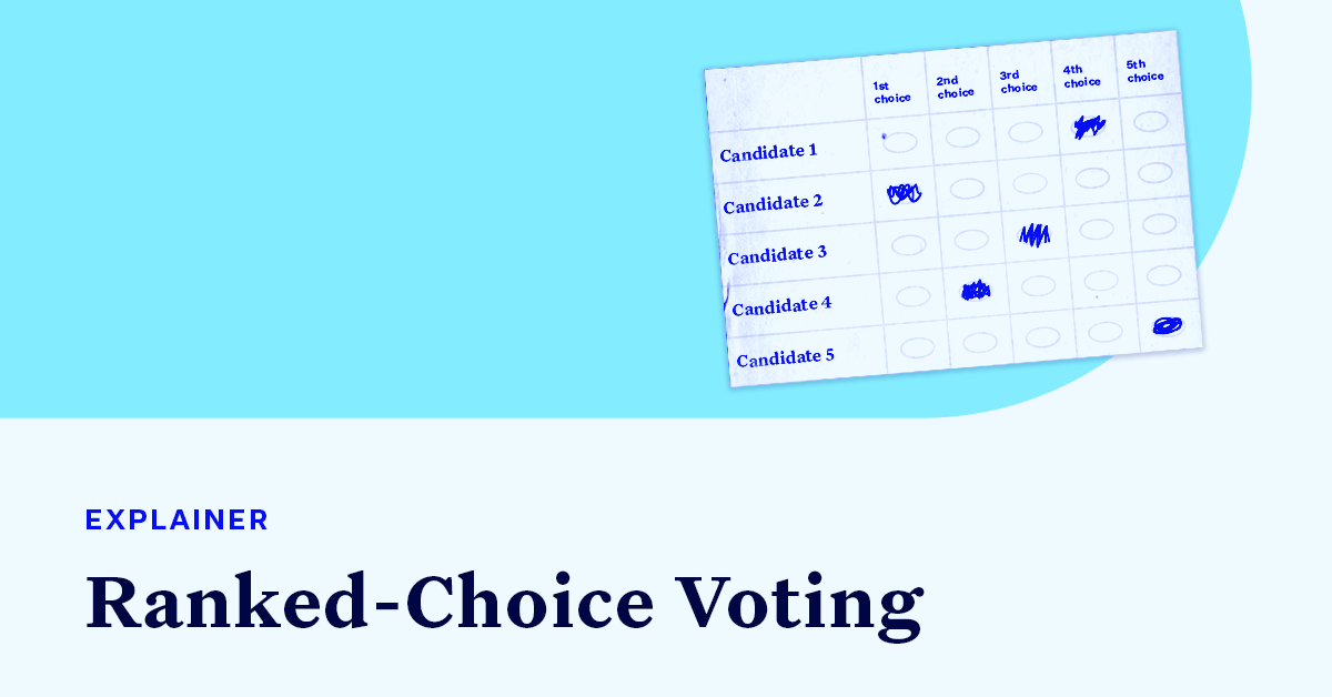 A ballot showing ranked-choice voting options accompanied by small text that says "EXPLAINER" and large text that says “Ranked-Choice Voting"
