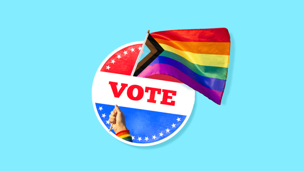 A vote sticker that features a hand waving a LGBTQIA+ flag