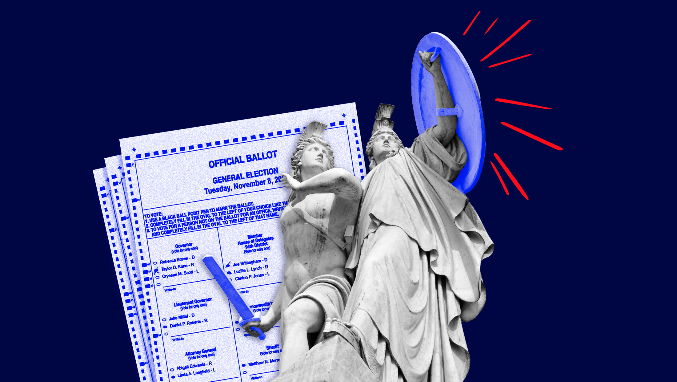 Two neoclassical statues holding a sword and shield, defending a set of 2022 general election ballots