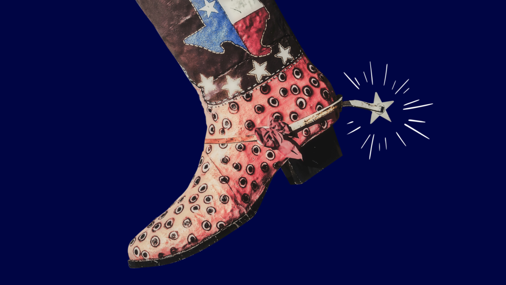 A large Texas cowboy boot with a silver star spur
