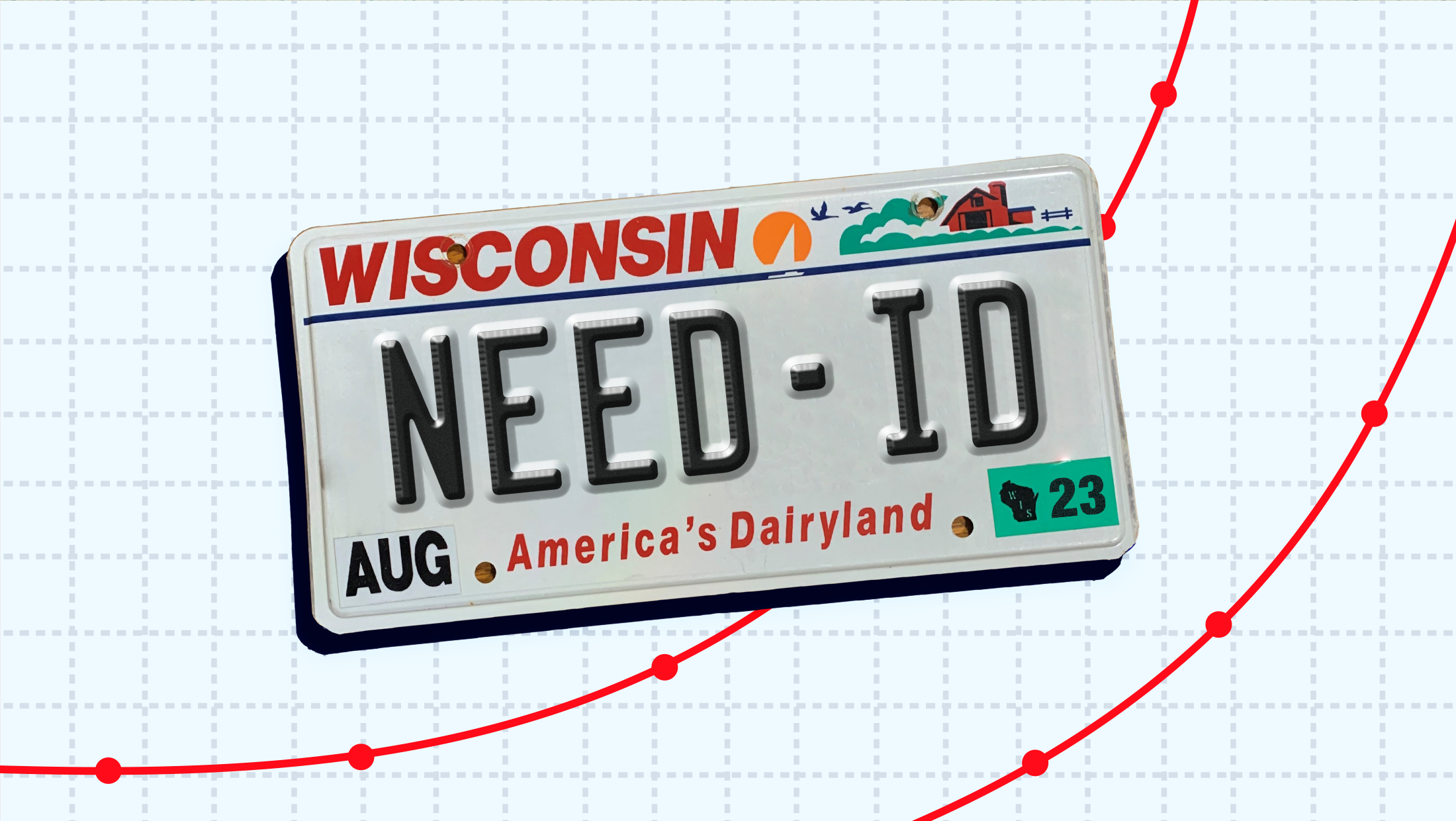 A Wisconsin license plate with text that says "NEED-ID", mounted on a piece of graph paper with various data points