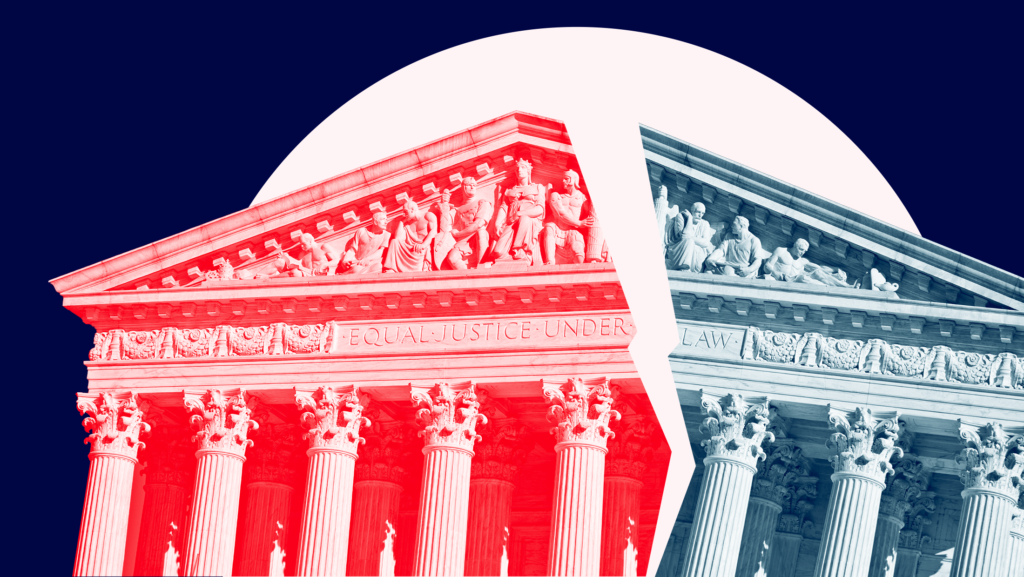 A cracked U.S. Supreme Court building with five columns tinted red and three tinted blue