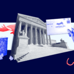 U.S. Supreme Court building flanked by a blue hand-cuffed hand holding a mail ballot, newspaper clippings that say "the most significant test of our democracy since the Civil War" and "This Court has treated no statute worse", and a red elephant holding crumpled blue paper in its trunk hovering over an overflowing garbage can