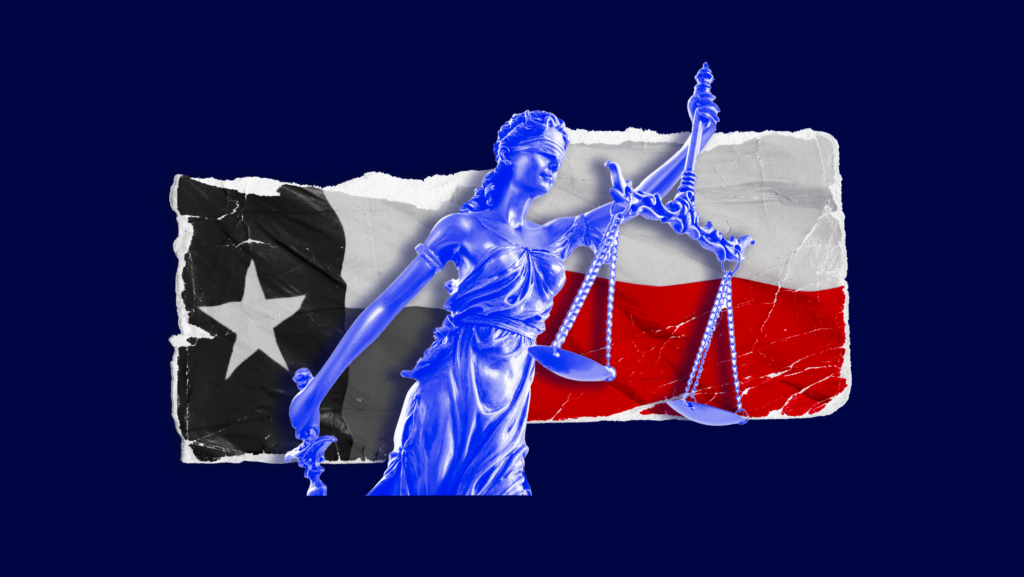 Lady Justice in front of a ripped Texas flag that is half black and white