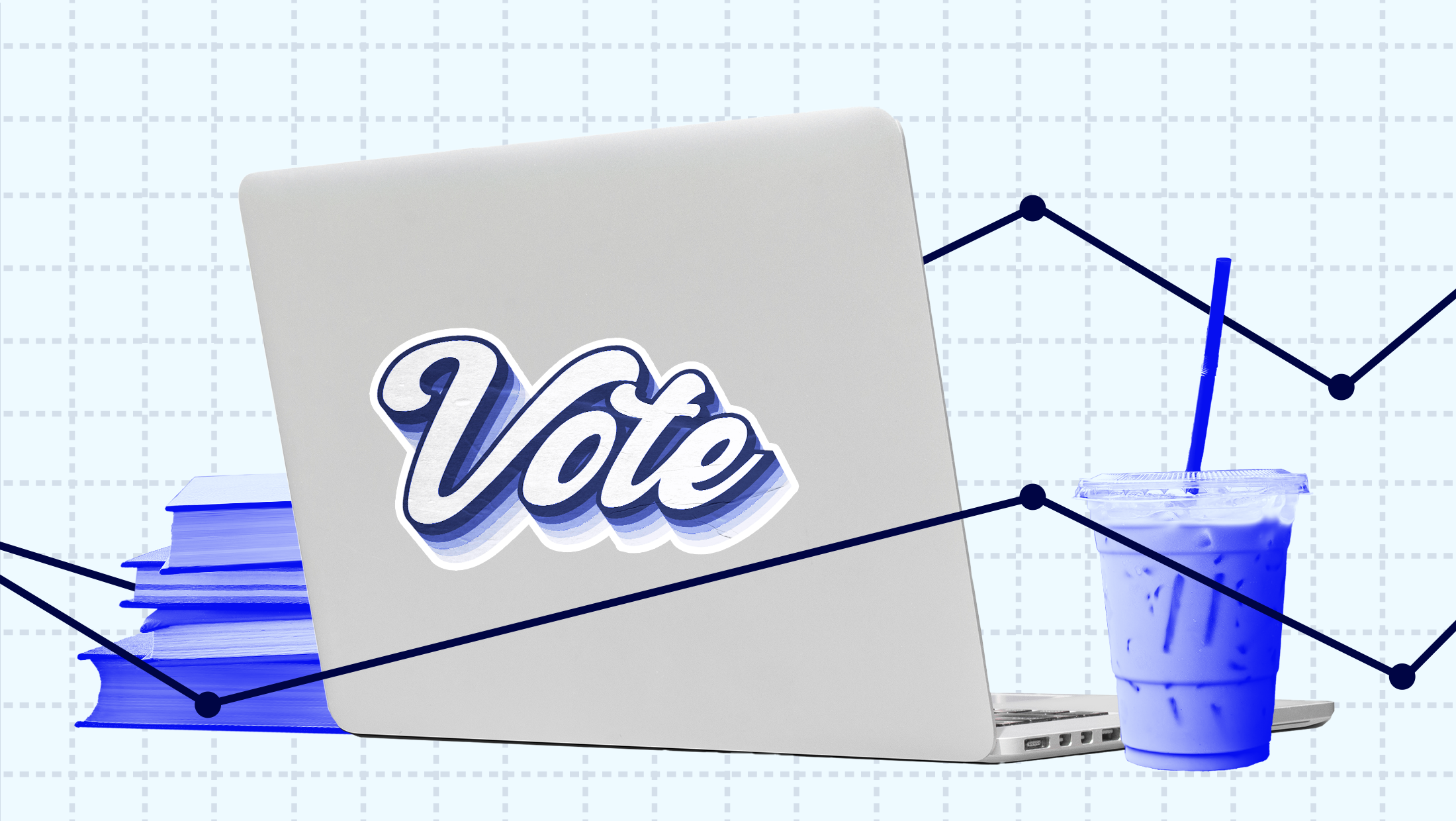 A laptop with a "VOTE" sticker flanked by a stack of textbooks and an iced coffee, mounted on a piece of graph paper with various data points