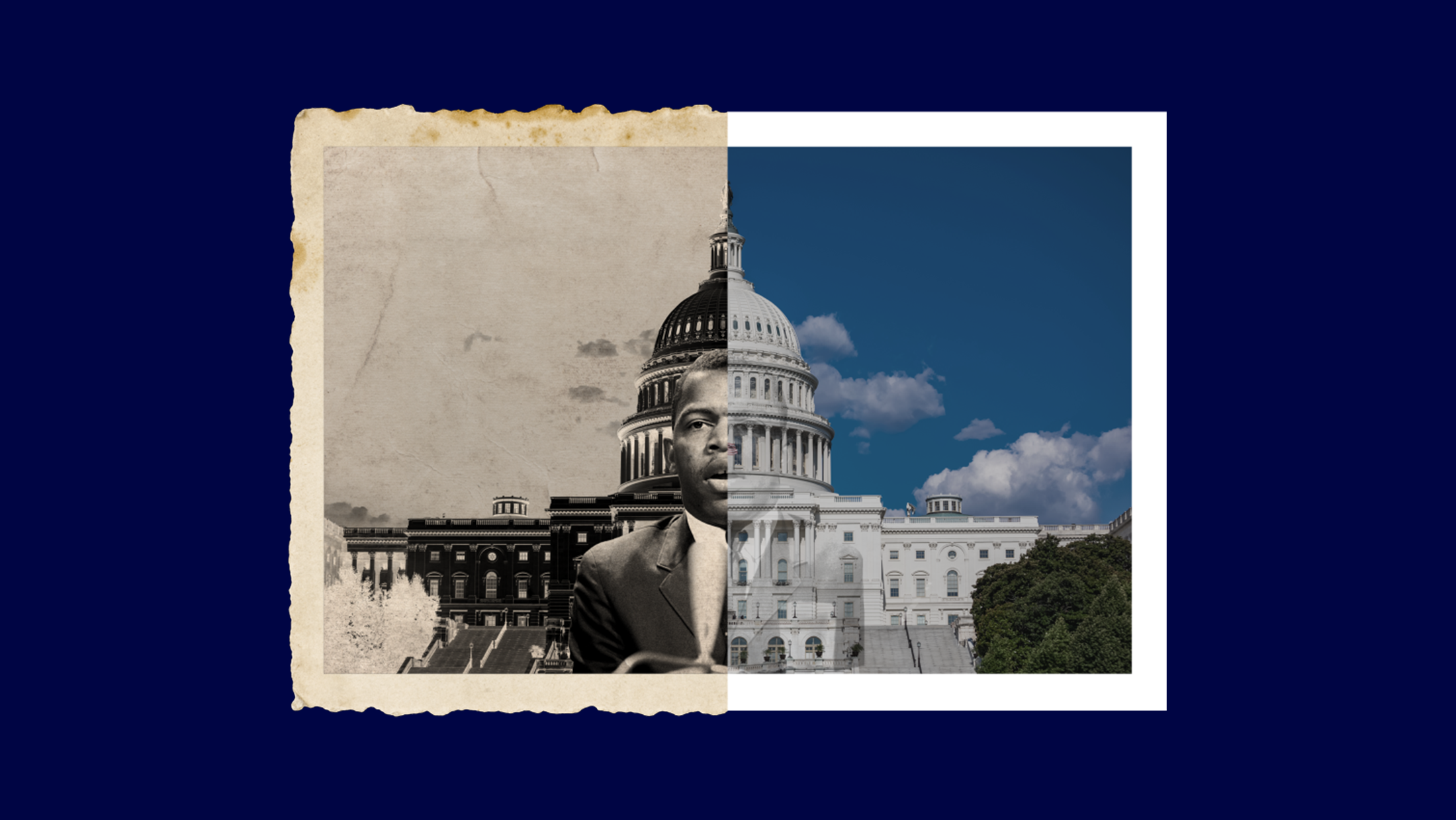 A scrapbook photo of a young John Lewis standing in front of the U.S. Capitol. The left-side of the photo features half of Lewis' face in black and white and appears to be old, with its corners tattered; the other half of the photo is in full color but Lewis' face has been faded to symbolize his legacy