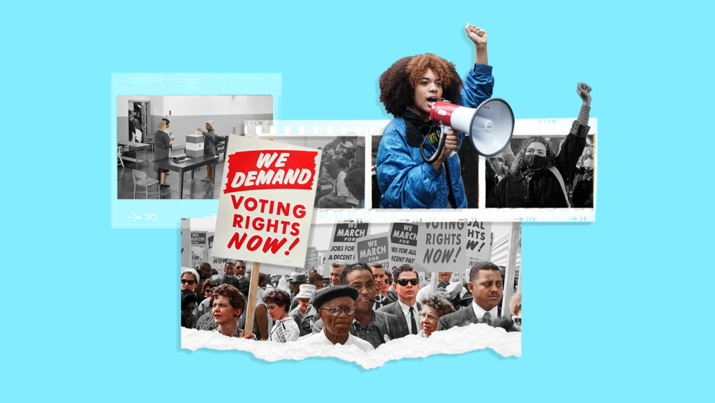 Three vintage photo strips featuring a Black woman casting a ballot, a woman with a megaphone punching her fist toward the sky, and a group of people protesting holding signs with sayings like "WE DEMAND VOTING RIGHTS NOW"