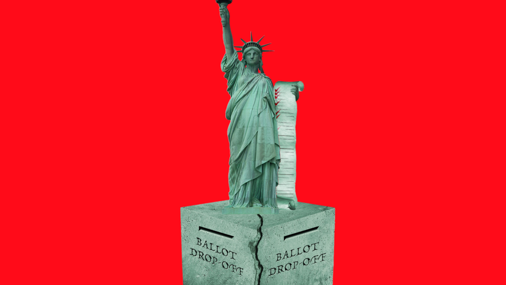 The Statue of Liberty holding a scroll in her right hand on top of a cracked ballot box