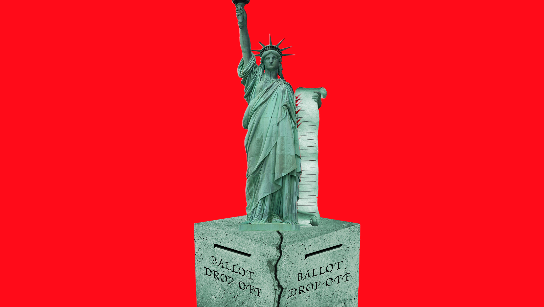 The Statue of Liberty holding a scroll in her right hand on top of a cracked ballot box