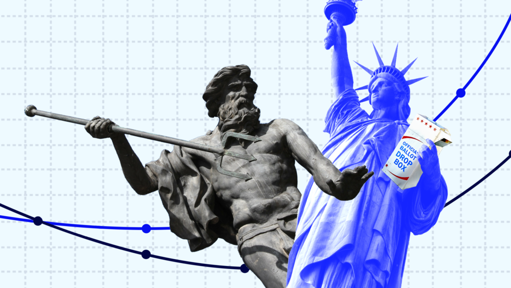 A statue of Poseidan wielding his trident toward a blue-tinted Statue of Liberty who is holding a ballot drop box, mounted on a piece of graph paper with various data points
