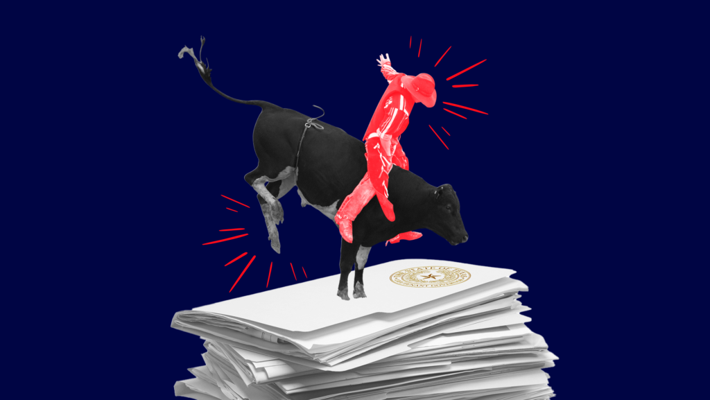 A red-tinted cowboy riding a bull on top of a stack of Texas-state-seal-branded white folders