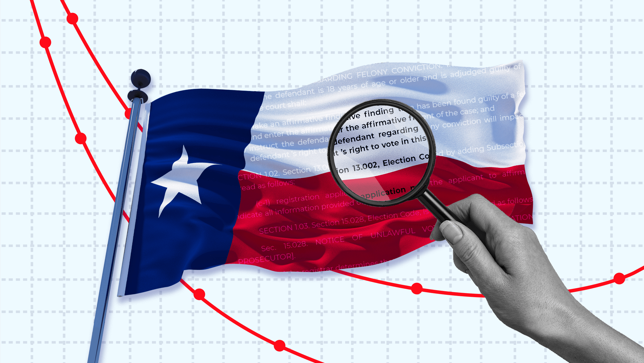 A hand holding a magnifying glass over the Texas flag that has words from the state's voter suppression bill etched into it, mounted on a piece of graph paper with various data points
