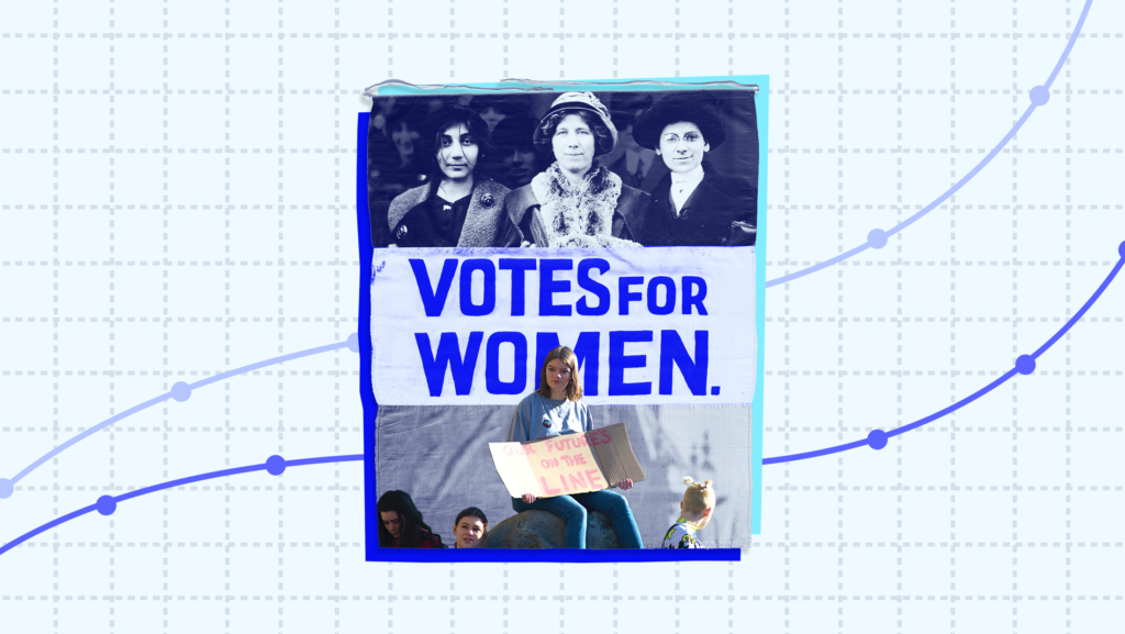 A "Votes for Women" flag featuring a black-and-white photo of social reformers Flora Dodge "Fola" La Follette and Rose Livingston and another photo featuring a young women holding a cardboard protest sign that says "Our Future on the Line," mounted on a piece of graph paper with various data points
