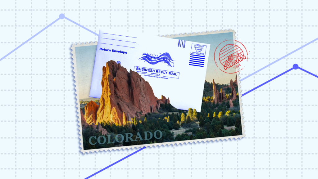A Colorado-themed postage stamp featuring red rocks and a large vote by mail ballot, mounted on a piece of graph paper with various data points