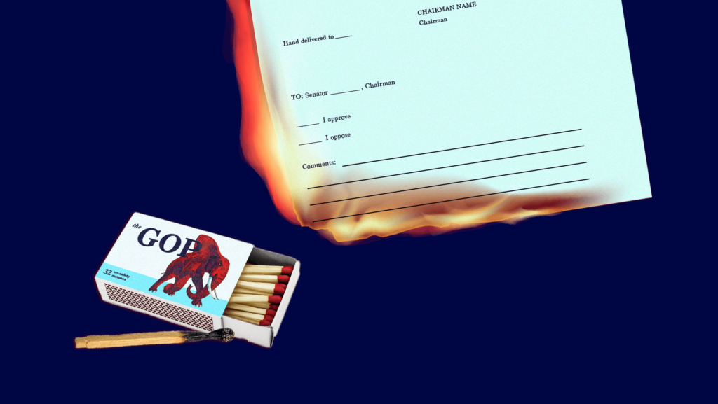 A Blue Slip, used by U.S. Senators to nominate federal judges, being lit on fire by a pack of GOP matches